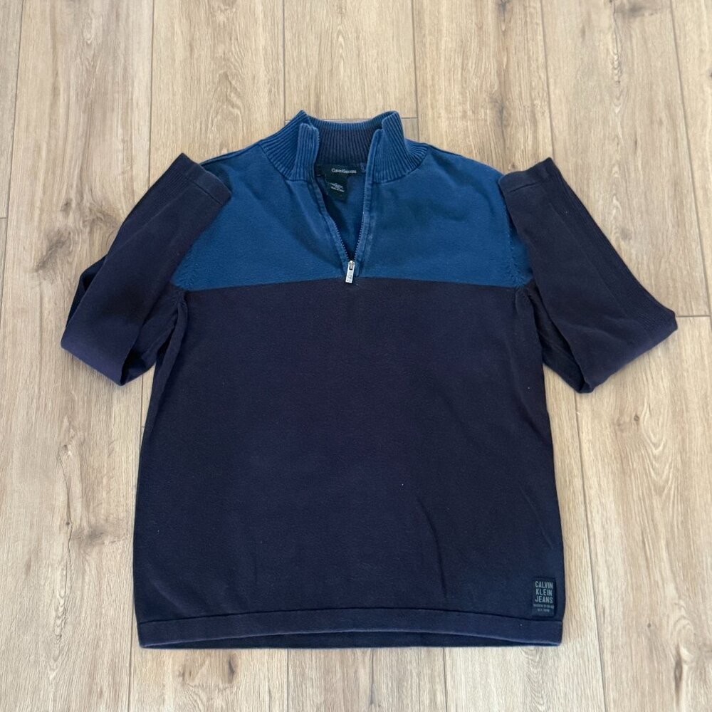 Calvin Klein Sweater Men's Medium Navy Blue/Blue 1/4 Zip Pullover Ribbed Preppy